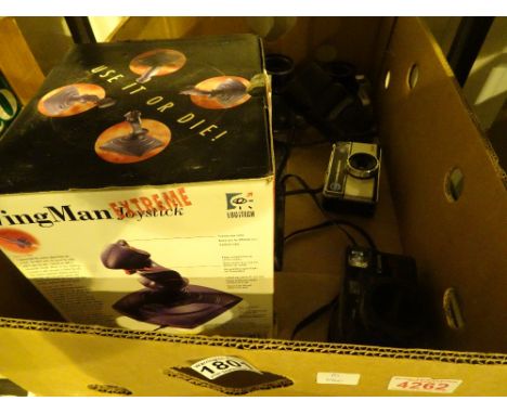Vintage cameras, unopened Skyhawk Quickshot controller and a Wingman Extreme controller 