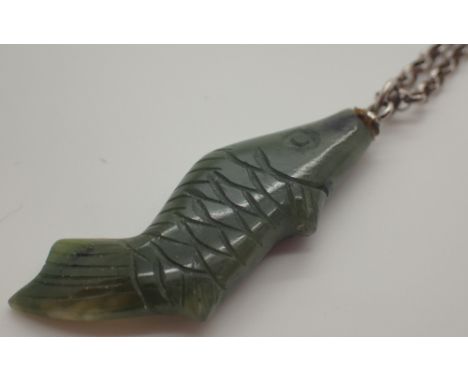 Carved jade carp on a sterling silver chain