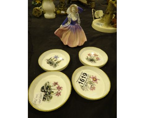 Coalport figurine Shelly and four Royal Worcester dishes