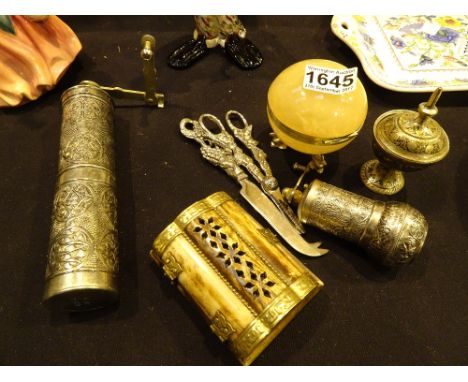 Mixed items including Turkish white metal grinder