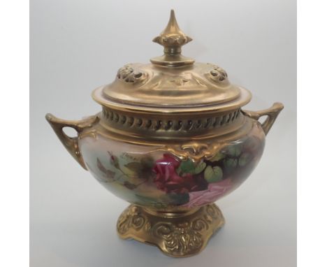 Royal Worcester large lidded Roses pot pourri vase, H: 20 cm   CONDITION REPORT:  This piece appears to have had some restora