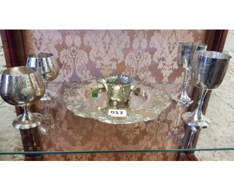 VINTAGE SILVER PLATE SET (TRAY, GOBLETS, JUG)