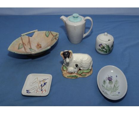 Crown Devon dish, Poole coffee pot, Buchan Ware and Carlton ware items