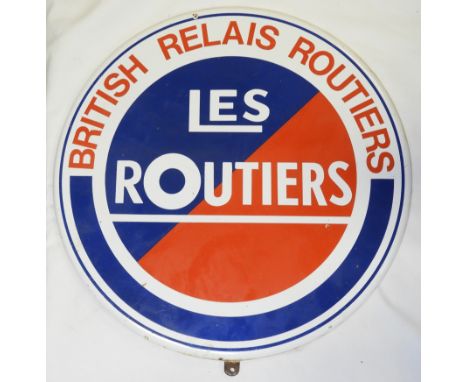 CIRCULAR ONE SIDED ENAMEL SIGN BRITISH RELAIS ROUTIERS LES ROUTIERS 15"" DIAMETER