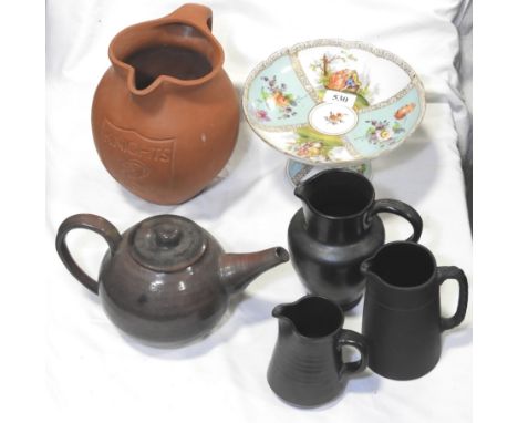 DRESDEN COMPORT, STUDIO POTTERY TEAPOT, KNIGHTS CIDER JUG & 3 OTHERS 