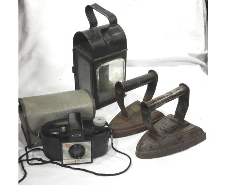 2 FLAT IRONS, CANDLE LANTERN & BROWNIE 127 CAMERA 