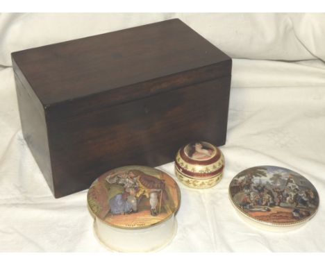MAHOGANY 2 SECTION CADDY, UNCLE TOBY POT & LID + THE VILLAGE WEDDING POT LID 