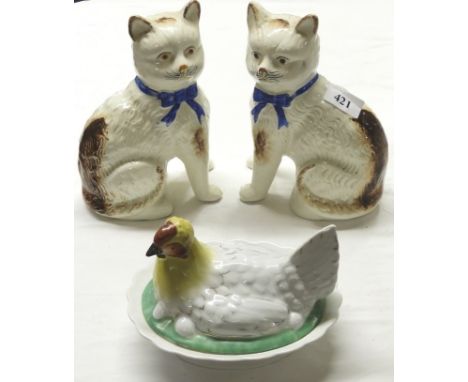 PAIR STAFFORDSHIRE MANTEL CATS & CHICKEN NEST DISH 