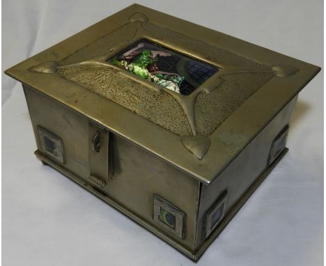 ARTS & CRAFTS TABLE BOX WITH ENAMEL PLAQUE (SEWING LADY) TO LID (6 3/4 X 5 1/2) + ABALONE SHELL INSETS TO BASE (Please note t