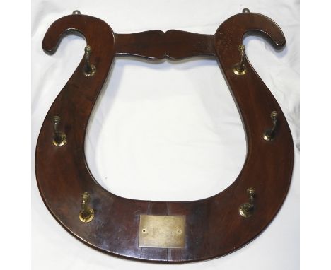 MAHOGANY & BRASS HORSESHOE COAT PEG RACK 