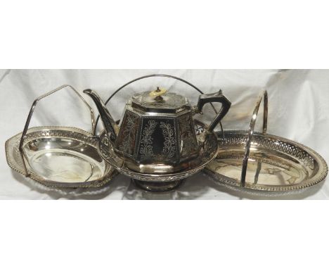 PLATED TEAPOT + 3 PLATED CAKE BASKETS 
