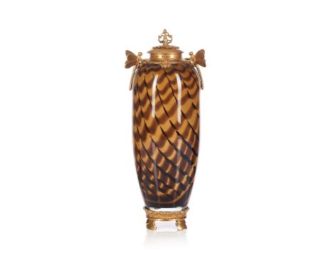 Art Nouveau Vase with DragonfliesIn marbled glass, with gilt metal mountsBody in amber and black glass, with spiral patternMe