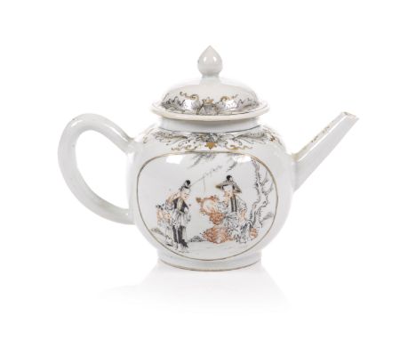 A Chinese export porcelain teapot and coverDecorated in grisaille and rouge-de-fer with a landscape and figuresQianlong Perio