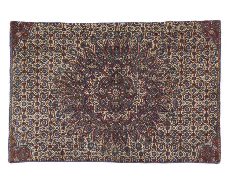 Mud carpet, IranWool and cotton, featuring a floral design in shades of blue, beige, and burgundy155x110 cm