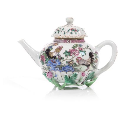 A Chinese porcelain teapot and coverIn Chinese porcelainPolychrome decoration depicting fighting cockerelsYongzheng Period (1
