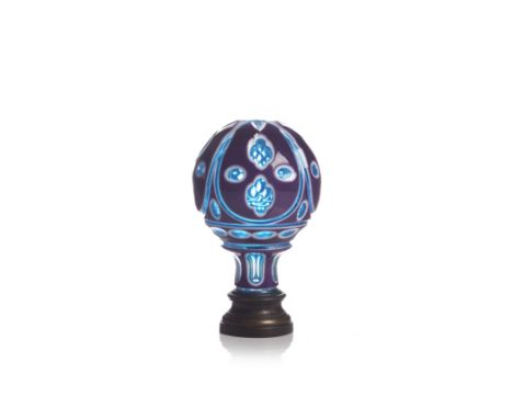 A Bordeaux, blue and white glass finial, 20th centuryBordeaux and blue overlay glass_x000D_With cut decoration and turned yel
