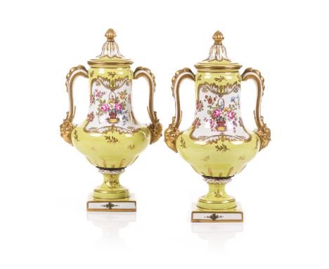 Pair of lidded vases by BOURDOIS & BLOCHIn Paris porcelain, with polychrome and gilt decorationBulbous body, with painted res