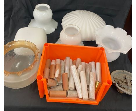 Box of light fittings and glass shades with a box of Chandelier candle tubes 