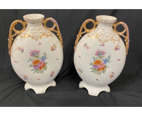 Pair of vintage 2 handled hand painted vases 13 inches tall 