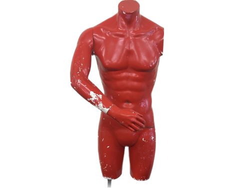 Vintage red mannequin on stand, unfortunately he is missing an arm, approximate overall height: 66 inches 
