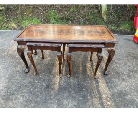 Vintage carved nest of tables, measures approx  17 inches tall 38 inches wide 18 inches depth 