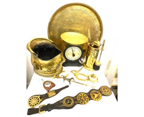Large selection of metal ware includes lighters, brassware includes Brass charger, coal box, salter scales etc 