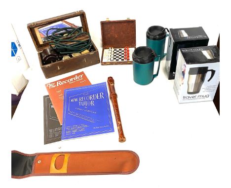 Selection of collectables to include travelling chess, descant recorder, insulated travel mugs, Pifco massager etc 