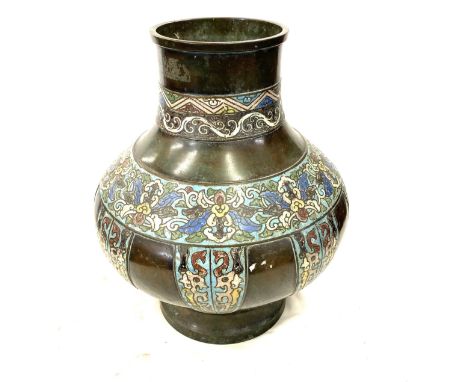 Large oriental enamel metal vase, 17 inches tall 