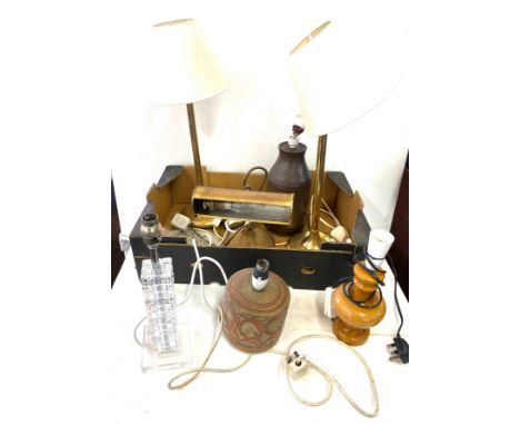 Large selection of assorted lamps includes brass desk lamp, pottery lamps etc all untested 
