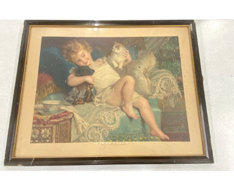 Framed vintage pears print "Playmates" measures approx 29.5 inches wide 23 inches tall 