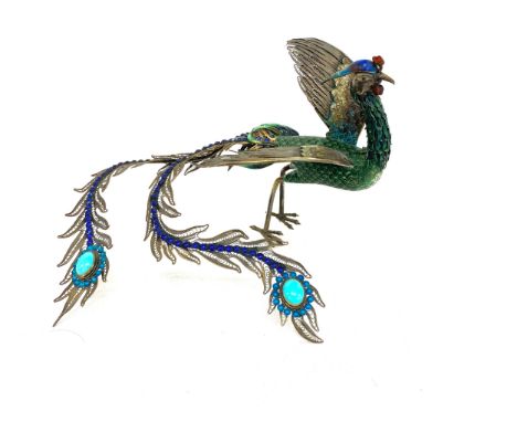 Large vintage filigree oriental silver and enamel peacock figure, hallmarked 