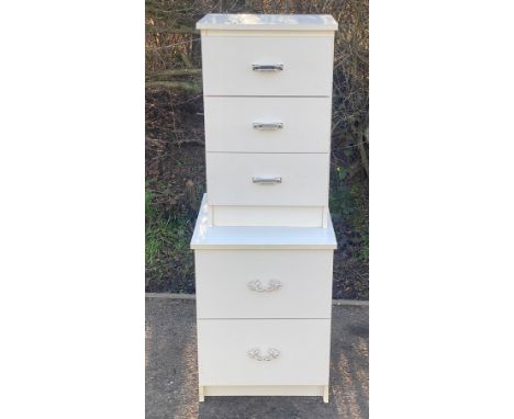 2 sets of white bed side tables largest measures approx 22 inches tall 16 inches wide 18 inches depth 