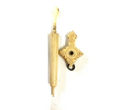2 Vintage bone stanhopes includes umbrella snuff box and a cross pendant 