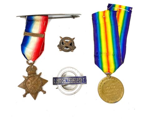 2 WW1 Medals named DVR.R.Millington 54938 and SJT.R.Millington plus a enamel London transport badge and old Contemptibles but