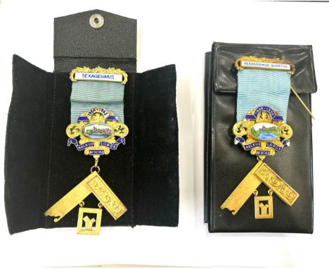 2 Cased silver and enamel Sexgesimus masonic Jewels1964-1965 Neleus Lodge no 3062 presented to Wor-Bro H.H.Groom 1968-1969 pr