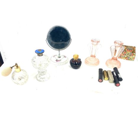 selection of miscellaneous includes silver and enamel topped bottle, perfume bottle, Dior Poison, candle sticks etc 