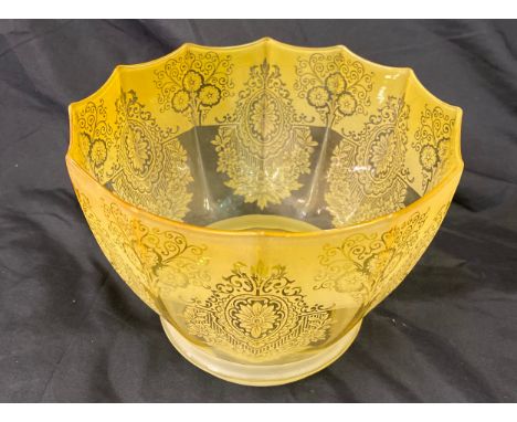Fine Victorian etched lemon glass oil lamp shade, opening measures approximately 4 inches, Height 7 inches 