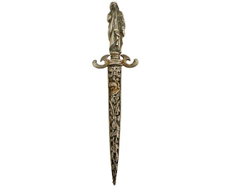 9cm flattened diamond section blade, the hilt depicting a robed lady in the classical manner, contained in its white metal sc