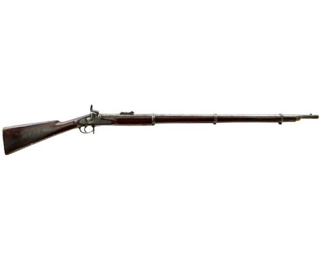 39.25inch sighted barrel fitted with ramp and ladder rear sights, Indian Arsenal stamps to the breech, border engraved lock s