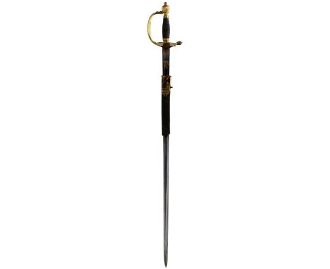 83cm fullered blade decorated with scrolling foliage, crowned GR cypher and crowned Royal arms, highlighted in gilt on a blue