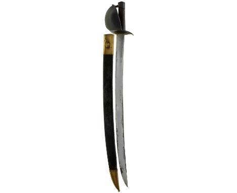 67cm curved blade, regulation black painted half-basket hilt with angular iron grip, contained in its brass mounted leather s