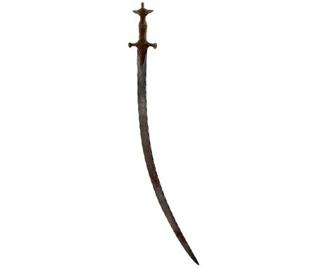 60cm curved blade with serrated edges, characteristic copper hilt, the crossguard with swollen terminals decorated with flowe