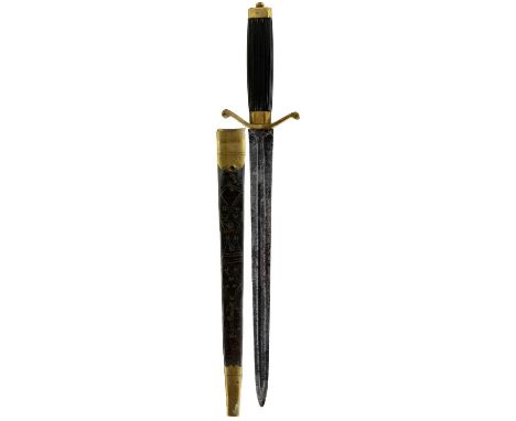 24.5cm double edged blade with central fuller, brass hilt with plain pommel cap and crossguard with upturned quillons imitati