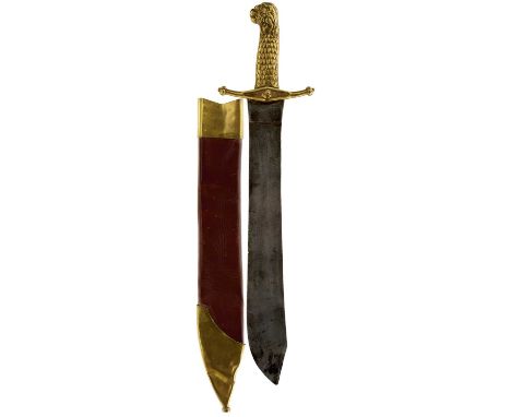 41cm clipped back blade, regulation brass hilt with lion's head pommel, contained in its brass mounted leather scabbard.