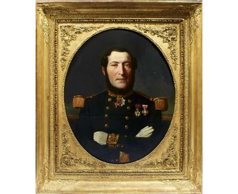 V bust length portrait of the Vice Admiral in military dress with medals, his arms folded across his chest, oil on canvas, 71