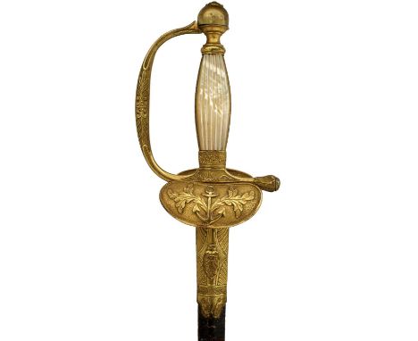 76cm blade of incurved triangular section with some foliate engraving, brass hilt with spherical pommel, foliate embossed knu