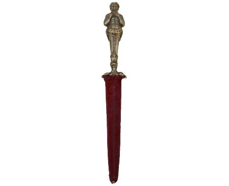 8cm flattened diamond section fullered blade, the hilt depicting the god Pan playing the panpipes, double sided and with foli