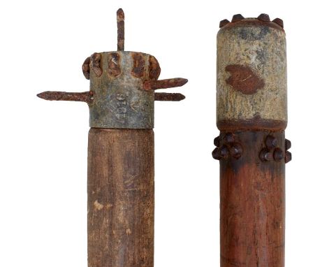 wooden haft with lead heads, one marked to the Irish Rifles, dated 1916 and with broad arrow stamp. (2)