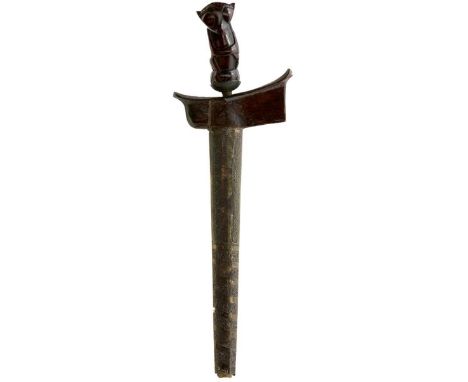 23.5cm watered steel blade, characteristic carved wooden hilt in the form of a Garuda bird, contained in its white metal wrap