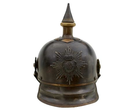 the steel skull with brass mounts, spike finial, state helmet plate, stepped visor, three-lame neck guard, Imperial and state